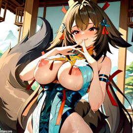 (titancore) ai_generated animal_humanoid big_breasts blushing brown curvy_figure cute_girl female fluffy_tail girl hair_ornament licking_lips maiden_clothing naughty_girl nipples puffy_nipples red_eyes revealing_clothes sweatdrop tail teasing_viewer thiren video_game_character ye_shunguang zenless_zone_zero
