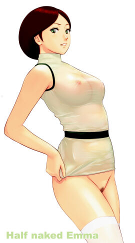 adjusting_clothes alternate_legwear bare_arms bare_shoulders belt black_belt bottomless breasts brown_hair censored character_name commentary_request cowboy_shot emma_sheen english_text eyelashes female female_pubic_hair green_eyes groin gundam highres large_breasts latex looking_at_viewer mosaic_censoring nipples parted_lips pubic_hair revision see-through_clothes shirt short_hair simple_background sleeveless sleeveless_shirt smile solo taut_clothes taut_shirt thighhighs watermark white_background white_thighhighs zeta_gundam