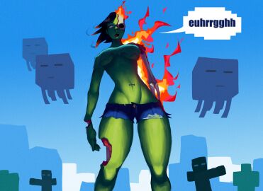 black_hair breasts burning female ghast_(minecraft) green_skin jeans_shorts minecraft shorts talking thick_thighs underboob white_eyes zombie zombie_(minecraft) zombie_girl