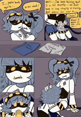 1boy 1futa comic dialogue duo english_text erection fellatio female futa_on_male futanari humanoid intersex j_(murder_drones) knotted_penis male male/female male_sucking_futa murder_drones n_(murder_drones) oral penis robot robot_girl sex sitting sucking_penis text wywyrm yellow_penis