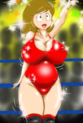 1girls arm_behind_back bangs big_breasts breasts brown_hair commentary_request female female_only hi_res high_quality high_resolution highres mai_machiko maicching_machiko-sensei nipples_visible_through_clothing nipples_visible_through_swimsuit red_swimsuit ring short_hair solo solo_female stockings swimsuit