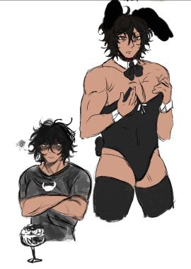 1boy 2d artist_request black_legwear black_thighhighs bowtie bowtie_collar brown_hair bunny_ears bunny_tail bunnysuit color crossdressing dark_brown_hair kengan_(series) kengan_ashura kengan_omega male male_only male_playboy_bunny masculine_crossdresser muscular muscular_male playboy_bunny solo tagme_(artist) tan-skinned_male tan_skin tokita_ohma w1lka_lol wavy_hair