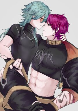 2boys ezreal gay glasses green_hair heartsteel_ezreal heartsteel_kayn heartsteel_series kayn league_of_legends male male_only midriff nununu8931 riot_games sitting_on_lap yaoi