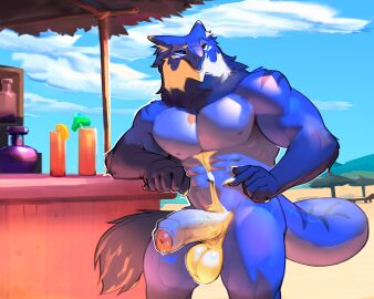 abs anthro bar beach beverage biceps blue_body blue_fur bodily_fluids bottle claws cloud container cum cum_drip cum_on_penis day dripping foreskin fur furniture genital_fluids genitals glass hi_res humanoid_genitalia humanoid_hands humanoid_penis kodr male multicolored_body multicolored_fur muscular nude pecs penis sergal sky solo table tail umbrella uncircumcised white_body white_fur