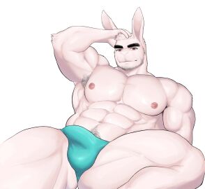 abs absurd_res anthro areola armpit_hair balls balls_outline beard biceps black_armpit_hair black_beard black_eyebrows blue_clothing blue_underwear body_hair bottomwear bulge clothing detailed_bulge digital_media_(artwork) eyebrows facial_hair fingers fur genital_outline green_pupils hair hand_on_head hi_res lagomorph leporid looking_at_viewer lying male mammal matchykiwaii muscular muscular_anthro muscular_male muscular_thighs navel nipples on_back pecs penis penis_outline pink_areola pink_nipples pubes pupils rabbit red_eyes simple_background slit_pupils solo triceps underwear white_background white_body white_fur white_hair white_nose