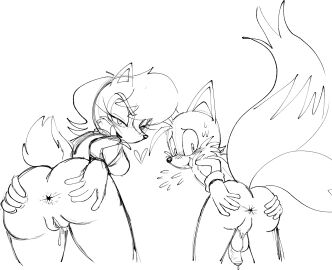 2_tails anthro anus ass balls big_butt bodily_fluids canid canine chipmunk duo female fox genital_fluids genitals ground_squirrel hi_res male mammal miles_tails_prower monochrome multi_tail narrowed_eyes nervous nervous_smile ninotrash penis precum rodent sally_acorn sciurid sega sonic_(series) sonic_the_hedgehog_(series) spread_anus spreading squirrel tail tails_the_fox vulva