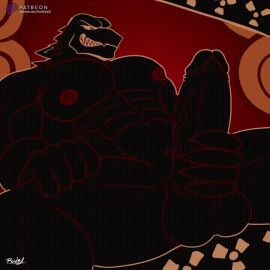 animated anthro balls bara big_balls big_penis black_body black_scales genitals godzilla godzilla_(series) hercules_(disney) kaiju lizard male male_only masturbation muscular muscular_anthro muscular_male nipples penis reptile scales scalie smile smiling_at_viewer solo text thepluto url yaoi zeuszilla