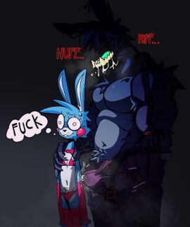 1boy 2boys animatronic animatronic_male animatronics armwear bra bunny_boy bunny_ears chest_hair cum_through_clothes dark_background drooling fat_male femboy five_nights_at_freddy's huffing imminent_rape imminent_sex larger_male male male/male male_only muscular muscular_male nonconsensual panties precum precum_drip puffing rabbit rabbit_ears robot robot_joints shocked_expression smaller_male sweat teeth_showing thighhighs thought_bubble toy_bonnie_(fnaf) withered_bonnie xexeezy