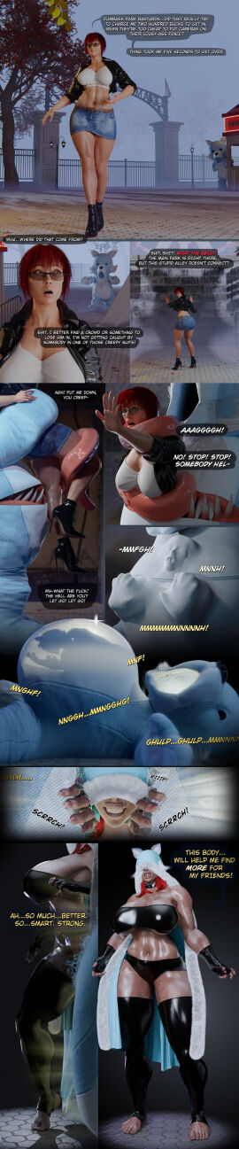 absorption breast_expansion breast_growth breast_growth_(enlargement) breasts corruption female female_prey mascot_costume mascot_suit merging muscle_growth muscles muscular muscular_female ovidius_naso personality_change prey_bulge prey_outline prey_shaped_bulge same_size_vore takeover transformation vore vore_belly