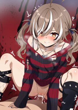 1boy ahoge black_choker black_hair black_leg_warmers black_sweater blush breasts brown_eyes brown_hair censored choker clothed_sex commentary cowgirl_position cum cum_in_pussy cum_overflow emo emo_fashion emo_girl english_commentary female fuyumi_kazuki heart heart_choker highres hololive hololive_english hololive_english_-council- hololive_english_-promise- lace-trimmed_choker lace_trim long_hair male mosaic_censoring multicolored_hair nanashi_mumei nanashi_mumei_(4th_costume) nanashi_mumei_(emo) official_alternate_costume official_alternate_hairstyle penis pussy red_sweater sex solo_focus spread_legs squatting_cowgirl_position straddling straight streaked_hair striped_clothes striped_sweater sweat sweater torn_clothes torn_sweater two-tone_sweater vaginal_penetration virtual_youtuber white_hair