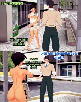 1boy 1girls 3d ass barefoot black_hair boots breasts clark_kent clark_kent_(my_adventures_with_superman) clothed_male_nude_female convenient_censoring dc dc_comics dress_shirt embarrassed_nude_female female glasses kal-el koikatsu lois_lane lois_lane_(my_adventures_with_superman) male my_adventures_with_superman newspaper nude nude_female pants retropunch senftember senftember_(2024) short_hair street superman superman_(clark_kent) superman_(series) tomboy vest