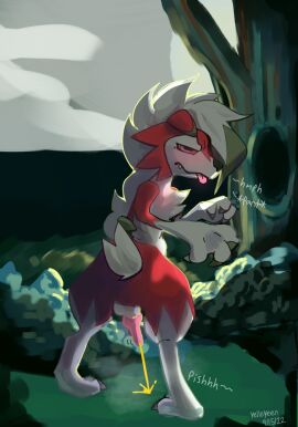 animal_genitalia balls bodily_fluids branch breath claws fangs feral forest forest_background full_bladder fur generation_7_pokemon genital_fluids genitals grass hmph knot lycanroc male midnight_lycanroc mouth_closed nature nature_background nintendo nude nude_male omorashi panting peeing penis plant pokemon pokemon_(species) red_body red_eyes red_fur relieved sheath shrub solo sound_effects teeth throbbing throbbing_penis tongue tree twitching urine urine_on_ground urine_stream watersports white_body white_fur wilderness yellowyeen