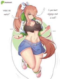 1girls black_top blue_shorts brown_hair doki_doki_literature_club female fit fit_female green_eyes jump_rope long_hair monika_(doki_doki_literature_club) raionart ribbon white_bow white_ribbon