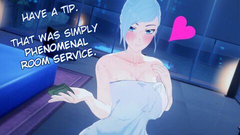 1girls after_sex blue_eyes cash female money nakadashi_(artist) rwby solo_female sweaty_body towel towel_around_waist white-haired_female white_hair winter_schnee