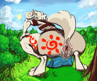 absurd_res amazonian anthro anus ass big_anus big_butt blue_clothing bluey_(series) canid canine canis chow_chow clothing crouching digitigrade_heels dog_paws domestic_dog female fluffy fluffy_tail genitals hand_on_knees hand_on_legs hi_res hidden ineffective_clothing landscape leather leather_strap mammal pawpads plant pubes raised_tail shrub solo spitz straps tail tattoo thick_pubes toy_dog tree vulva wendy_(bluey) zrider