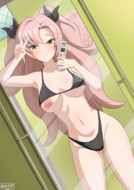 1girls areola_slip areolae big_breasts black_bra black_panties bottomwear bra breasts cleavage female female_only flip_phone green_eyes hair hair_ornament hair_ribbon hips holding_object holding_phone long_hair mirror mirror_reflection mirror_selfie mole mole_on_breast mole_on_thigh nicole_demara nipples one_breast_out oxicmar panties peace_sign phone pink_hair ribbon selfie solo solo_female thighs topwear twintails zenless_zone_zero