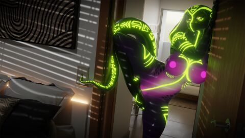 3d_(artwork) against_surface against_wall annoad anthro big_breasts black_body black_scales breasts cobra colored_nails digital_media_(artwork) dutch_angle feet female glowing glowing_body glowing_eyes glowing_nails glowing_nipples glowing_scales green_eyes green_nails hi_res humanoid_feet inside looking_at_viewer nails nipples non-mammal_breasts non-mammal_nipples on_one_leg plantigrade purple_body purple_nipples purple_scales qhala raised_leg reptile scales scalie snake solo standing tail