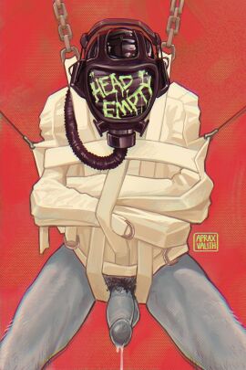 1boy abstract aprax_valith body_hair bondage bondage_gear bondage_outfit breath_play chained enclosure gas_mask gear gimp_mask gimp_suit male male_focus male_only mask masked no_pants original original_character penis penis_out precum_drip precum_string pubic_hair restrained restraints solo_male straitjacket submissive_male vent_art