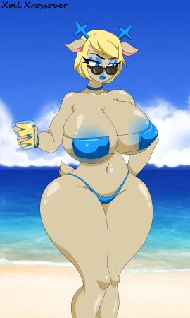 1girls anthro antlers bikini bikini_bottom bikini_top blonde_hair blue_eyes carol_holiday child_bearing_hips deer deer_ears deer_girl deltarune deltarune_chapter_2 eyepatch_bikini female_only furry furry_female huge_ass huge_breasts lipstick milf mother self_upload tail thick_thighs wide_hips xml_xrossover_(artist)