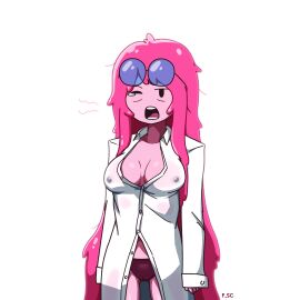 1girls adventure_time breasts clothing coat erect_nipples female female_only fizzyspidercider glasses long_hair medium_breasts nipples open_clothes panties pink_body pink_hair princess_bubblegum underwear