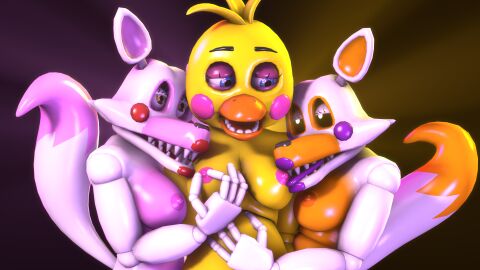 3d 4k accurate_art_style animatronic beak bedroom_eyes bird_girl black_eyes blue_eyes breasts disboi215 female five_nights_at_freddy's five_nights_at_freddy's:_sister_location five_nights_at_freddy's_2 five_nights_at_freddy's_world fnaf_world fox_ears fox_girl fox_tail glowing_eyes hand_on_stomach highres horny horny_expression horny_eyes horny_female licking_breast licking_nipple lolbit_(fnaf) mangle_(fnaf) open_mouth orange_body orange_breasts orange_nipples pinching_nipple pink_body pink_breasts pink_nipples purple_cheeks purple_lipstick purple_tongue red_cheeks red_lipstick red_tongue resting_head resting_on_breasts resting_on_partner robot rosy_cheeks sfm shiny_skin source_filmmaker tongue tongue_out toy_chica_(classic) toy_chica_(fnaf) white_body white_eyes yellow_body yellow_breasts yellow_eyes yuri