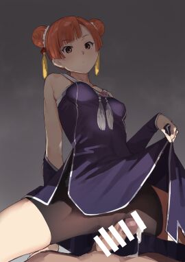 1boy 1girls censor_bar censored censored_penis closed_mouth clothed clothing dress_lift female female_focus hitoiki laufen_(sousou_no_frieren) light-skinned_female light_skin male no_panties orange_hair penis pussy sousou_no_frieren twin_buns unseen_male_face