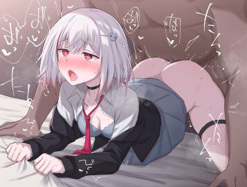 1boy 1girls ahe_gao blush clothed clothed_female_nude_male clothed_sex crying doggy_style dtto. female hair_ornament male multicolored_hair on_bed orgasm orgasm_face red_eyes red_hair reject_(esports) sabo_(12454861) sex sex_from_behind skirt virtual_youtuber vtuber white_hair