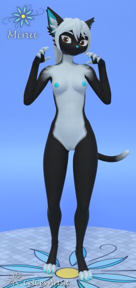 3d anthro black_body black_tail blue_ears blue_nails blue_nipples blue_nose blue_pussy breasts brown_eyes celces_(artist) colored_nails digital_media_(artwork) ears_up eyebrows eyelashes felid feline female front_view fur genitals hair hi_res looking_at_viewer mammal minu_(celces) nails nipples pose pussy solo tail thin_tail white_body white_fur white_hair