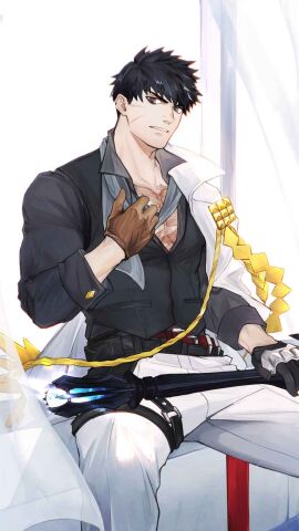 1boy alchemy_stars awooga bara belt black_hair black_shirt black_vest collared_shirt cumdump facial_scar gay gloves highres holding holding_weapon huge_bulge huge_erection imminent_sex jacket jacket_over_shoulder large_pectorals looking_at_viewer male male_focus maledom malesub meat_toilet men_only muscular muscular_male necktie pants paradise pectoral_cleavage pectorals pittman pittman_(alchemy_stars) r1nark rinnnnake scar scar_on_cheek scar_on_chest scar_on_face sexy_body sexy_male shirt short_hair sitting solo undone_necktie unworn_jacket vest weapon white_jacket white_pants yaoi zooweemama