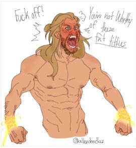 1boy abs actor aliensdoodles angry artist_name artist_signature blush celebrity chained chained_up chained_wrists chris_hemsworth english_text humor in_character male male_only marvel marvel_cinematic_universe marvel_comics masculine muscular muscular_male red_face screaming solo thor_(marvel) thor_(series) yaoi yelling you_flicked_too_hard_dammit
