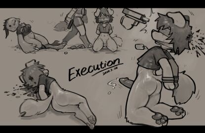 anthro avian blindfold bodily_fluids bottomless canid canine clothed clothing cum death deathgasm digitigrade dog_tags erection female female_death fur genital_fluids genitals gore group gun guro handgun headshot hi_res him_army kneeling male male_death male_ryona mammal pawpads penis pistol ranged_weapon ryona shooting trio weapon