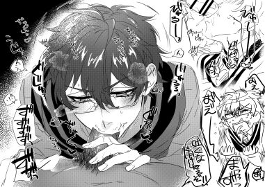 2boys absurdres blush collared_shirt cum cum_in_mouth fellatio gagake_v gay gay_male glasses greyscale highres leos_vincent leos_vincent_(1st_costume) male male_focus male_pubic_hair monochrome multiple_boys multiple_males necktie nijisanji oral penis protected_link pubic_hair saliva shirt short_hair stray_pubic_hair sweat sweater_vest tie_clip tongue tongue_out virtual_youtuber yaoi