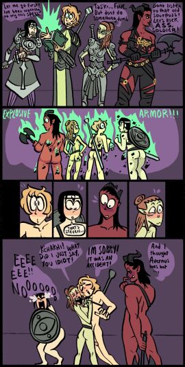 1boy 3girls armor_removed armored_female ass baldur's_gate_3 barefoot black-haired_female black_hair blonde blonde-haired_male blonde_hair blonde_male breasts brown_hair brunette brunette_hair comic covering_self dungeons_and_dragons embarrassed female forgotten_realms gith githyanki green_skin holding_battle_axe holding_sword horned_female horns karlach lae'zel long_ears mad magic male nude penis red_skin samrockwell420 shadowheart sketch spellbook spellcaster tagme wardrobe_malfunction