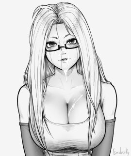 absurdres ahoge ayase_seiko breasts cleavage collarbone cum cum_on_body cum_on_breasts cum_on_eyewear dandadan elbow_gloves erodrunky facial female glasses gloves greyscale hair_down highres implied_after_fellatio large_breasts long_hair looking_at_viewer makeup mature_female monochrome parted_lips runny_makeup simple_background solo tank_top upper_body very_long_hair white_background white_tank_top