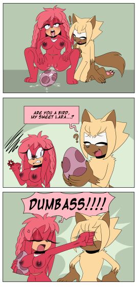 absurd_res angry anthro archie_comics areola blush bodily_fluids breasts canid canine canis closed_eyes comic cross-popping_vein crouching dialogue digital_media_(artwork) duo echidna egg egg_laying english_text feet female fingers fur genital_fluids genitals hi_res holding_egg holding_object humor kneeling lara-su male male/female mammal monotreme naked ninotrash nipples nude one_page_comic open_mouth pink_hair punch punching_face pussy pussy_juice_on_ground red_body saliva saliva_on_tongue saliva_string sega simple_background smile solas_the_wolf sonic_(series) sonic_the_hedgehog_(archie) sonic_the_hedgehog_(comics) sonic_the_hedgehog_(series) speech_bubble standing tail teeth text toes tongue tongue_out vaginal_fluids violence wolf