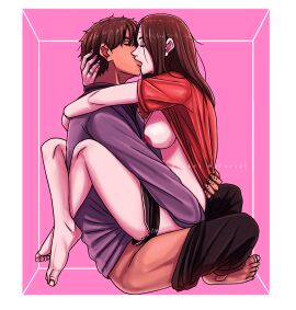 1boy 2d absurdres arm_support assertive_female barefoot blush breasts breasts_out censored closed_eyes closed_mouth clothed_sex couple cowgirl_position crossed_legs dolphin_shorts elainna_(fickrialfarizi) enclosure face-to-face female fickrialfarizi highres kissing leg_lock long_hair long_sleeves looking_at_another lotus_position male nipples no_bra non-web_source open_mouth original pussy red_shirt sex shirt shorts sitting straddling straight upright_straddle vaginal_penetration