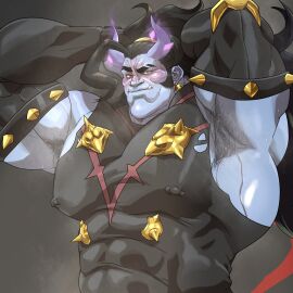 alternate_costume armpit armpit_hair armpits bara demon hands_behind_head hitenmaru horns male male_only mauga muscles muscular musk overwatch solo solo_male sweat sweating yaoi