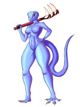 nukeila6 anthro anthro_female big_breasts big_thighs blue_body breasts claws female lizard nukeila6 scar tail thick_thighs thighs weapon weapon_over_shoulder