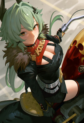 1girls 95_(jiuwujiang) absurdres belt black_shirt black_thighhighs breasts brown_eyes caesar_king cleavage commentary english_commentary female green_hair grey_belt hair_intakes highres large_breasts long_hair looking_at_viewer shirt sitting smile solo thighhighs thighs zenless_zone_zero