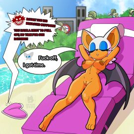 anthro areola bat bat_wings beach big_ears black_nose black_wings blue_eyeshadow breasts brown_areola brown_nipples closed_eyes dialogue eyelashes eyeshadow female front_view fur genitals hands_behind_head hi_res lying makeup mammal membrane_(anatomy) membranous_wings navel nipples nude on_back orange_body orange_fur pussy rouge_the_bat sea sega skwid solo sonic_(series) sonic_the_hedgehog_(series) speech_bubble text thick_thighs vulva water white_body white_fur wide_hips wings