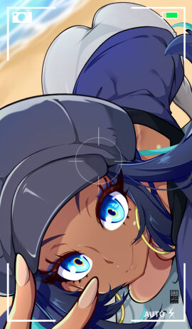 1girls ass bare_shoulders bayeuxman beach big_ass big_breasts big_butt black_hair blue_eyes breasts camera_pov camera_view clothed clothing color dark-skinned_female dark_skin female female_focus female_only game_freak gym_leader hat hi_res large_breasts long_hair looking_at_viewer nessa_(pokemon) nintendo pokemon pokemon_ss pokemon_trainer sand sea solo solo_female tagme thick_thighs water