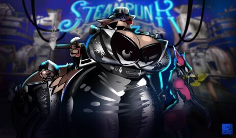 2019 absurd_res anthro belt big_breasts black_lipstick bondage bondage_gear bottomwear bound bra breasts choker cigar cleavage clothed clothing curvy_figure detailed_background digital_media_(artwork) djpuppeh female gag group half-length_portrait hat headgear headwear hi_res hood huge_breasts human jacket jewelry larger_female latex latex_bottomwear latex_clothing latex_skirt lips lipstick makeup male mammal necklace outside portrait red_lipstick rep_(djpuppeh) sergal size_difference skirt smoke standing suit thick_lips thick_thighs three-quarter_portrait top_hat topwear underwear venus_(djpuppeh) voluptuous