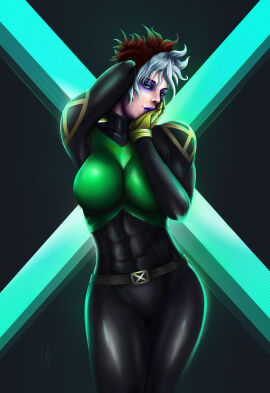 1girls abs anna_marie arms_up big_breasts breasts brown_hair female female_only green_eyes hands_on_head hips latex_suit looking_at_viewer makeup marvel marvel_comics multicolored_hair muscular muscular_female rogue_(evolution) rogue_(x-men) short_hair smeared_makeup smile solo thick_thighs white_hair x-men x-men_evolution