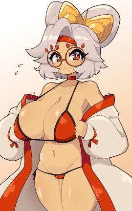 1girls :3 absurdres alternate_costume bikini breasts cleavage closed_mouth daigada female glasses grey_hair highres large_breasts looking_at_viewer navel nintendo purah purah_(tears_of_the_kingdom) red-framed_eyewear red_bikini round_eyewear short_hair smile solo swimsuit tears_of_the_kingdom the_legend_of_zelda the_legend_of_zelda:_tears_of_the_kingdom