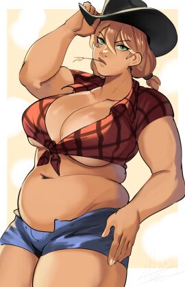1girls artist_signature breasts chubby cleavage cowboy_hat cowboy_shot cowgirl cowgirl_(profession) female freckles green_eyes hand_on_hat hat looking_at_viewer midriff original plaid_shirt plump puzzled_artist short_hair short_shorts shorts solo solo_focus straw straw_in_mouth tan tan_skin tied_shirt twin_braids underboob