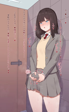 1futa 2024 aroused bangs blazer blush breasts breath brown_hair bulge clothed clothing collared_shirt detailed_background dialogue embarrassed erection female fully_clothed futa_only futanari green_eyes grey_jacket grey_skirt human intersex japanese_text light-skinned_futa light_skin long_hair masturbation masturbation_through_clothing medium_breasts medium_penis miniskirt necktie nonflied penis pleated_skirt precum precum_through_clothing public public_masturbation public_restroom red_necktie school_uniform schoolgirl shirt skirt skirt_tug solo standing sweat sweater text toilet_stall translation_request white_shirt yellow_sweater