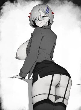 anus ass blue_eyes braid breasts clothes_lift collared_shirt commentary earrings english_commentary feather_hair_ornament feathers female female_pubic_hair from_behind functionally_nude garter_straps glasses hair_ornament hairclip heart highres hololive hololive_indonesia hololive_indonesia_holoro jewelry large_breasts long_sleeves looking_at_viewer looking_back medium_hair nipples open_clothes open_shirt panties panty_pull partially_colored pavolia_reine pubic_hair pussy pussy_juice shirt skirt skirt_lift smile solo sparkle sweat thighhighs underwear varniskarnis virtual_youtuber