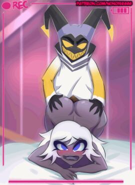 adam_(hazbin_hotel) angel animated ass big_ass blue_eyes blushing doggy_style emily_(hazbin_hotel) from_behind grey_body grey_skin hazbin_hotel looking_at_viewer loop looping_animation nonoise666 text white_hair