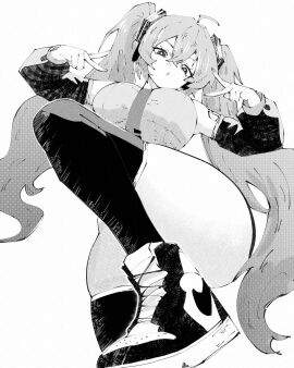 black_and_white breasts female hatsune_miku huge_breasts looking_at_viewer miregeist nike posing sneakers vocaloid