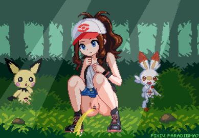 1girls animal_penis animated areolae baseball_cap big_breasts blue_eyes boots bottomless brown_hair clothes_lift female female_only footwear full_body functionally_nude functionally_nude_female game_freak hair hat headwear hilda_(pokemon) hips legs nervous outdoor paradigma7 peeing pichu pissing pixel_animation pixel_art pokeball pokemon pokemon_bw ponytail pussy red_panties scorbunny shorts shorts_down solo solo_female thighs topless